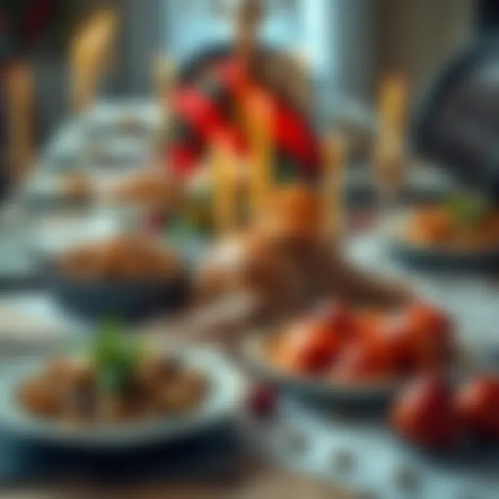 A festive table set with holiday dishes, showcasing stuffing and candied yams, reflecting Leo moon and Aries Venus signs.