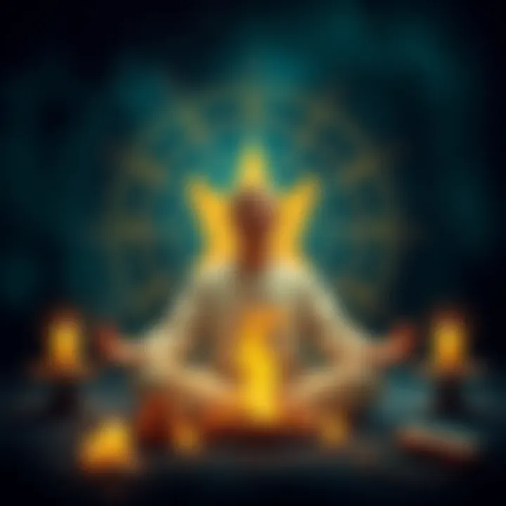 A person meditating with astrological symbols around, focusing on remedies linked to Mercury's position.