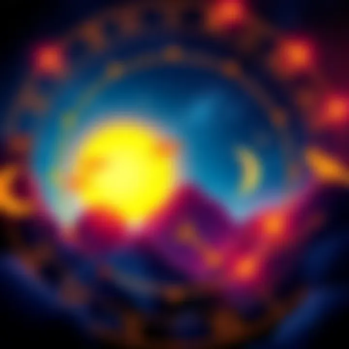Illustration showing the sun, moon, and rising signs with astrological symbols