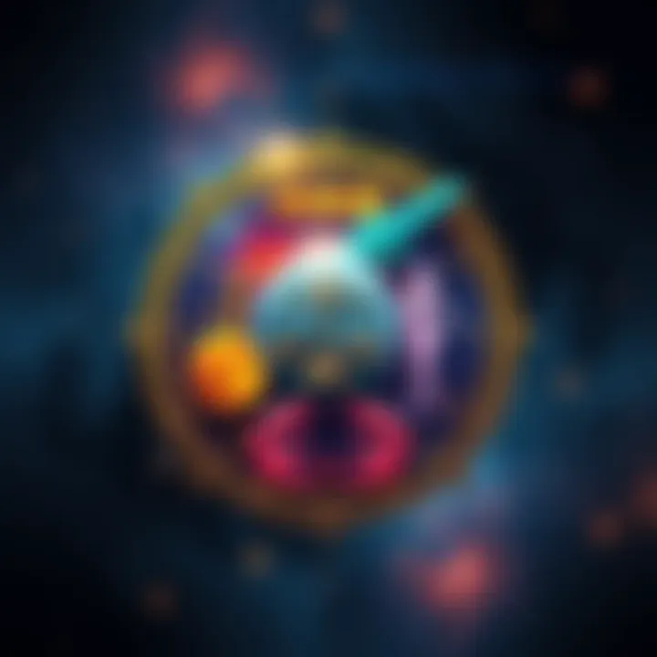 A colorful depiction of various astrological signs and symbols representing Libra rising and Cancer moon, surrounded by stars and a cosmic background.