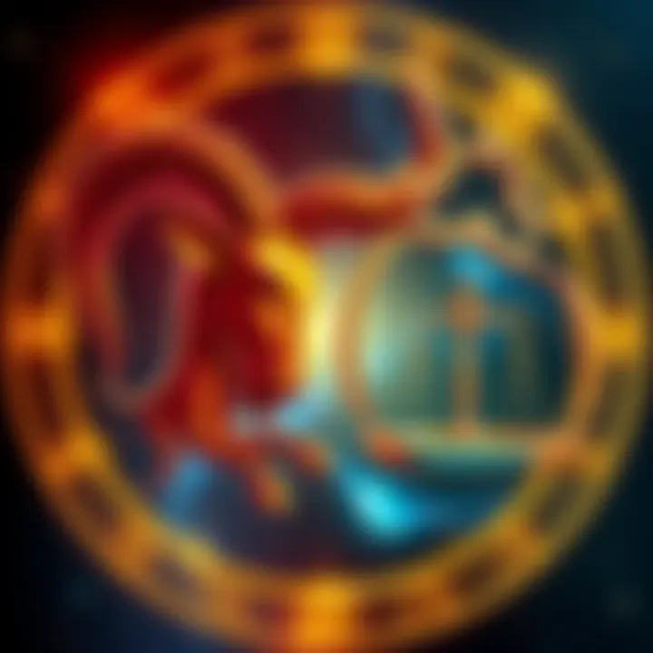 A visual representation of Aries and Libra zodiac signs, highlighting their symbols and colors in a harmonious design, symbolizing attraction and compatibility in relationships.
