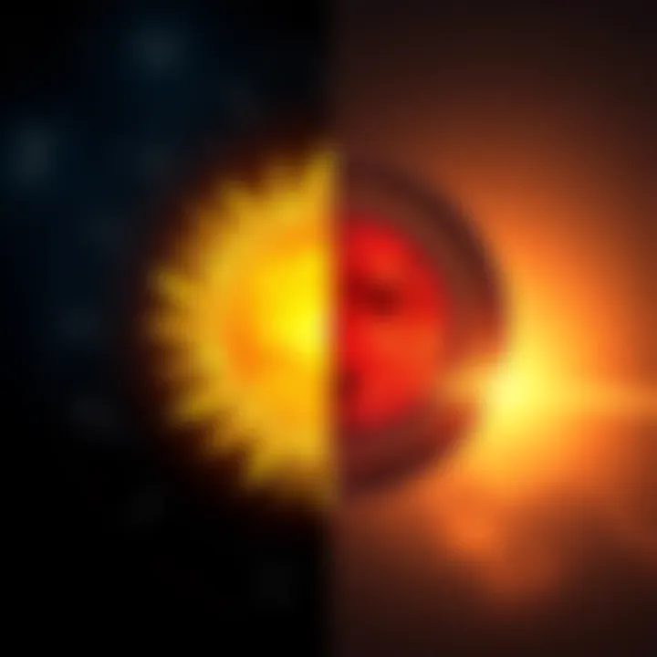 Astrological Signs Comparison A split image showing a sun symbol on one side and a rising sign symbol on the other, representing the debate between sun signs and rising signs in astrology.