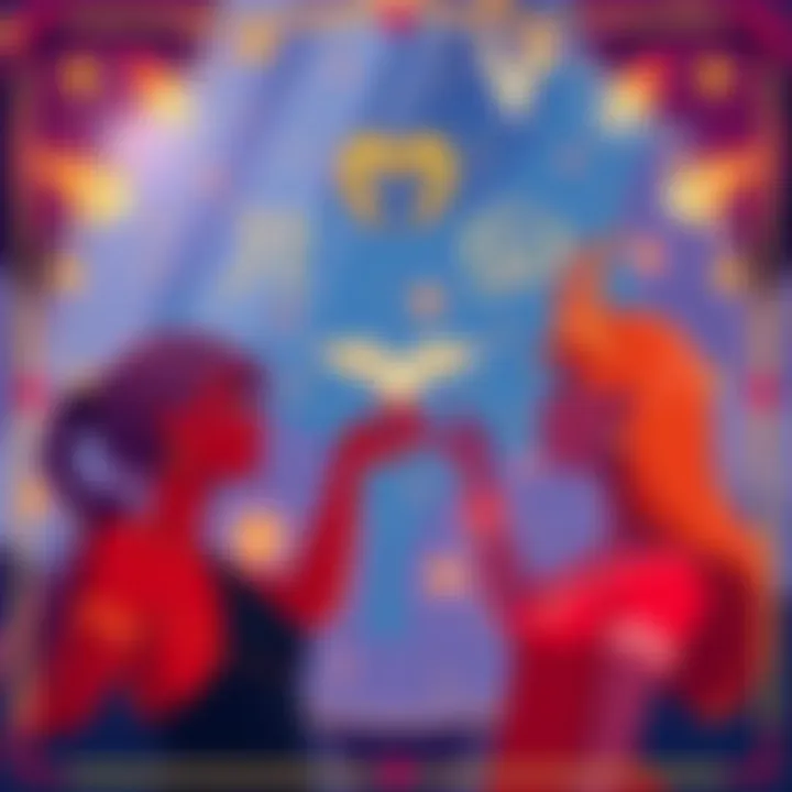 Astrological Signs Friendship Illustration showing different Mars signs interacting harmoniously during Aries season, with symbols for Scorpio, Gemini, and Virgo highlighted.