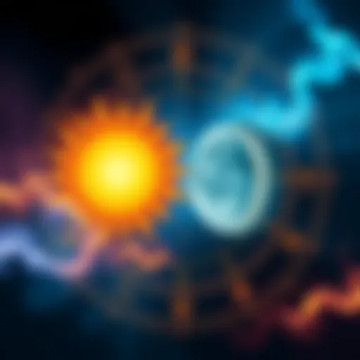 Illustration of sun, moon, and rising signs with zodiac symbols around them