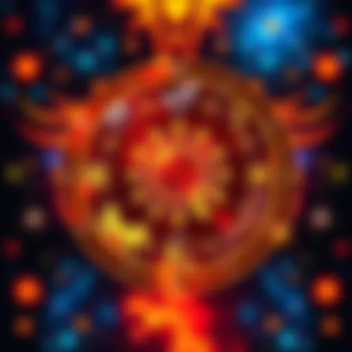 A colorful graphic displaying the symbols of Sun, Moon, and Rising signs with zodiac constellations in the background.
