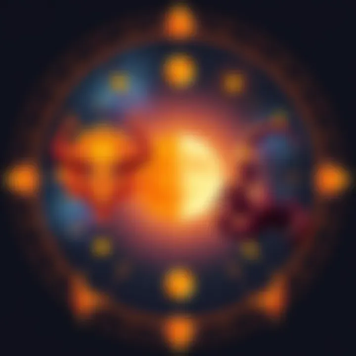 Illustration showing symbols for Sun in Taurus, Moon in Capricorn, and Rising in Scorpio along with celestial elements.