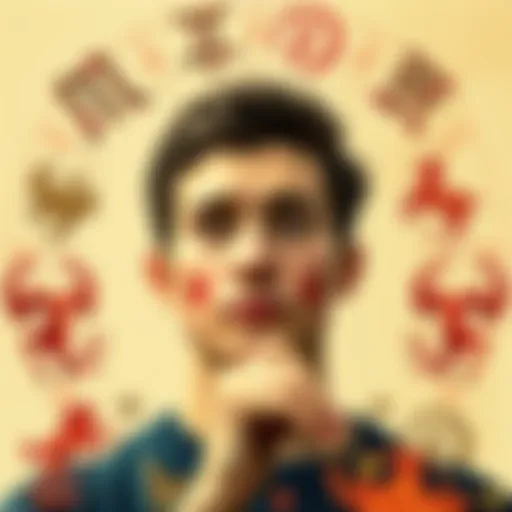 A collage of zodiac symbols with Aries highlighted, showing a person reflecting on their identity with a thoughtful expression.