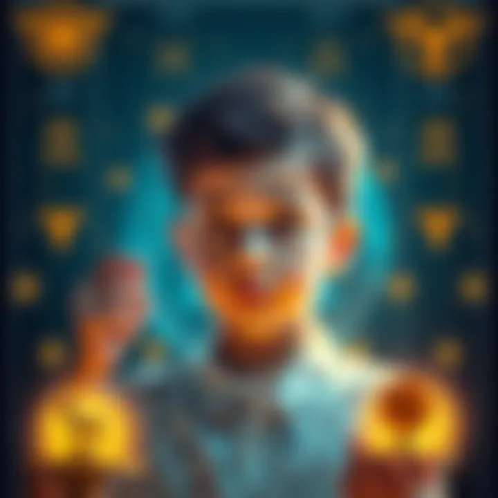 A young boy looking confidently in a mirror, representing his Libra sun, Aries moon, and Leo rising traits, surrounded by symbols of beauty and kindness.