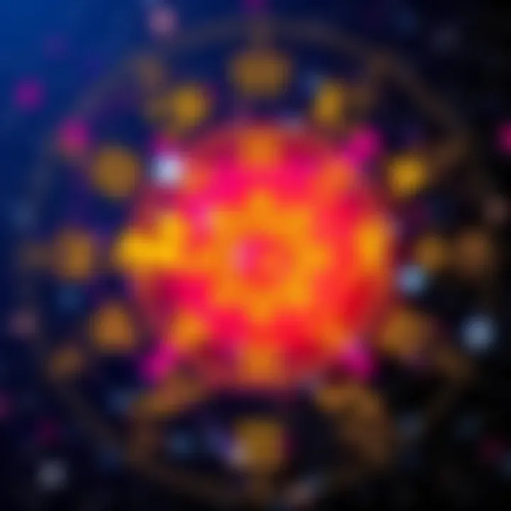 Colorful representation of zodiac signs and astrological symbols with a starry background