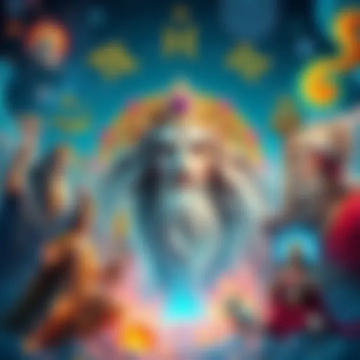 A colorful depiction of astrological signs surrounded by various gods from different mythologies, representing the connection between them.