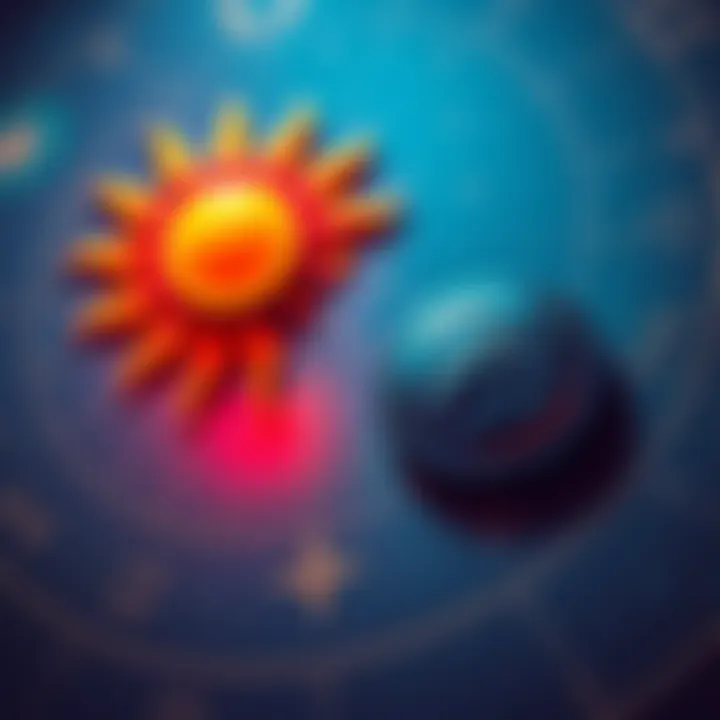 A colorful display of astrological symbols representing Sun, Venus, and Retrograde Mercury alongside a zodiac chart