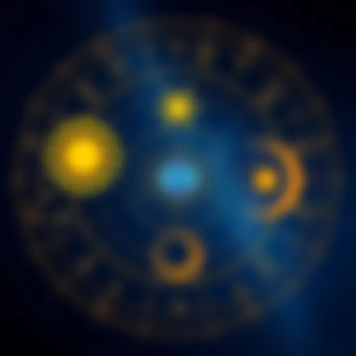 Illustration of the Sun, Neptune, and Lilith symbols surrounded by stars, representing their positions in Aquarius and the 12th house.