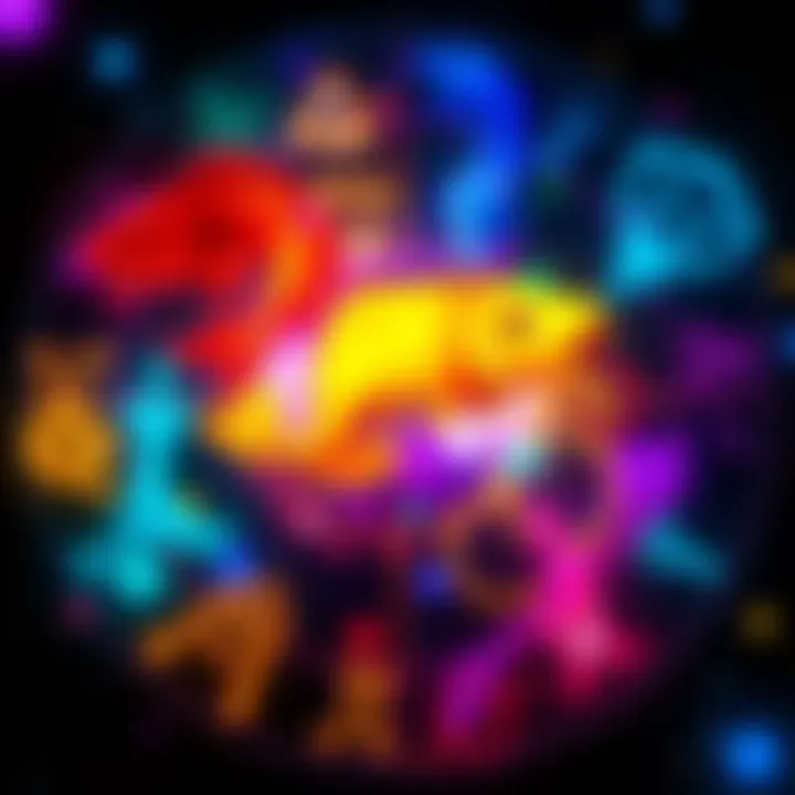 A colorful depiction of zodiac signs, focusing on Pisces, with highlighted sections representing decanates.