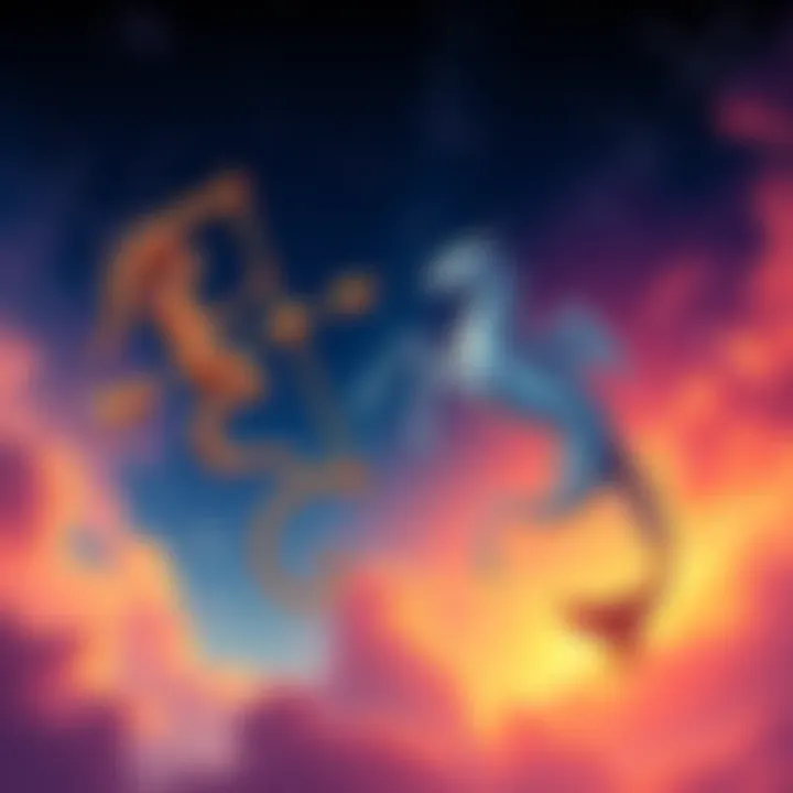 Astrological Symbols Illustration of Sagittarius and Gemini symbols with a backdrop of stars, along with Pisces and Virgo symbols, depicting emotional energy and relationships.