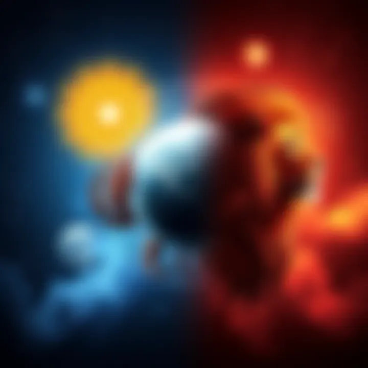 An artistic representation of the Sun, Moon, and Rising signs with traits associated with Cancer and Leo, surrounded by stars and zodiac symbols.