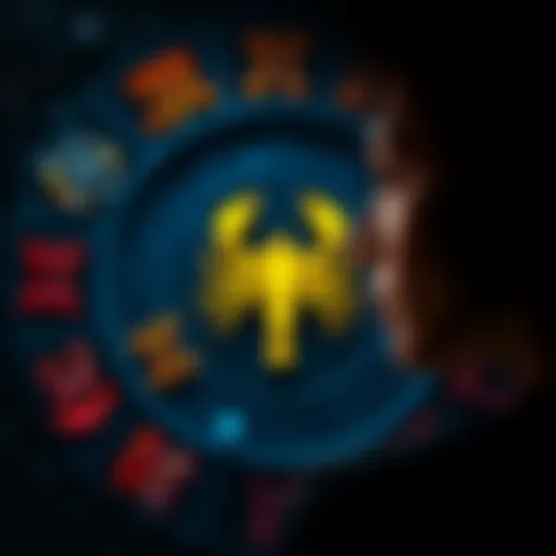 A collection of zodiac symbols including Scorpio, with a person looking thoughtfully at them, reflecting on astrology and personality traits