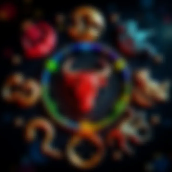 A collection of astrological symbols representing the twelve zodiac signs, with a focus on Taurus. The Taurus symbol is highlighted, surrounded by other signs.