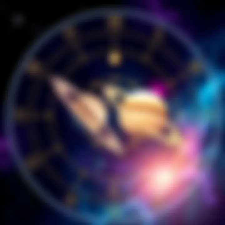 Illustration of Saturn and Neptune in alignment with astrological symbols and a natal chart background