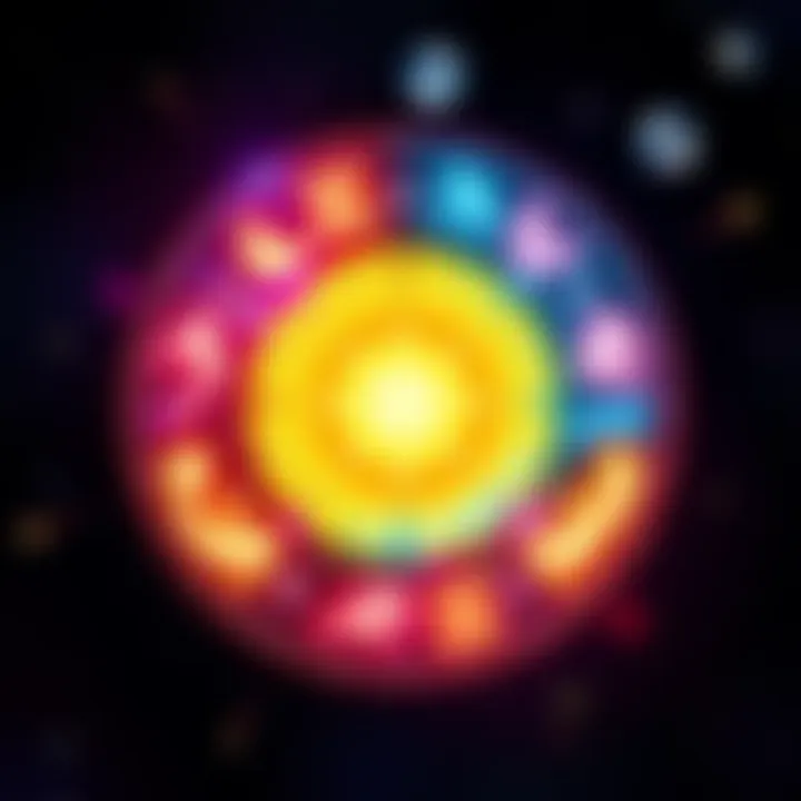 A colorful depiction of zodiac signs in a circular layout, with symbols and constellations representing each sign, suggesting personality traits and life paths.