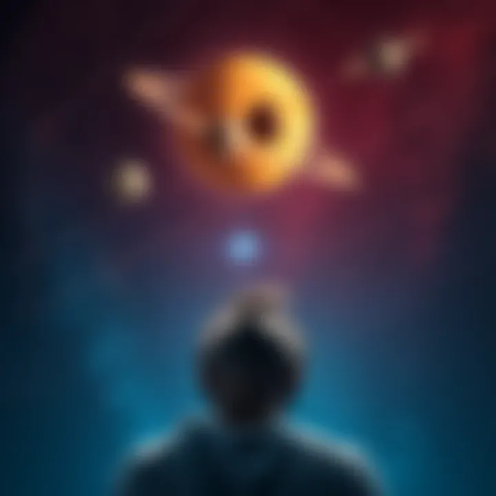 Astrology and Emotions A celestial scene showing planets in alignment with a person looking up, reflecting emotions influenced by astrology.