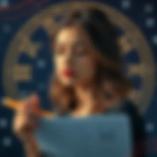 A 31-year-old woman looking at her astrology chart, reflecting on her escapist tendencies with a serene expression, surrounded by zodiac symbols and a starry backdrop.