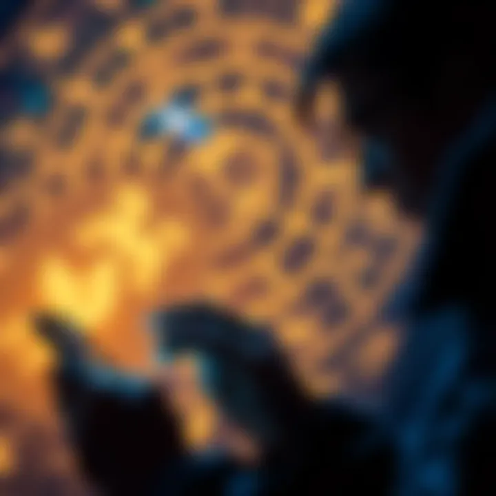 A person exploring astrology apps on a smartphone with celestial graphics in the background