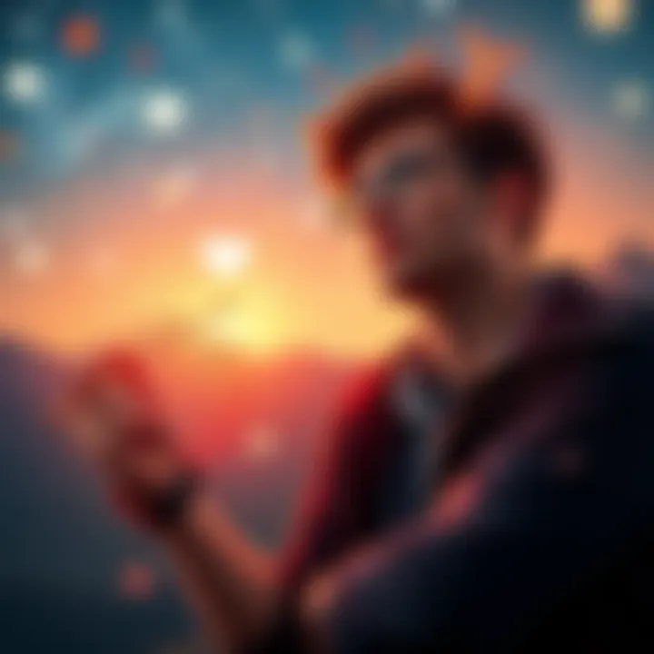 A 30-year-old bachelor contemplating his love life, surrounded by astrological symbols, representing his sign Sagittarius, while looking at a starry sky.