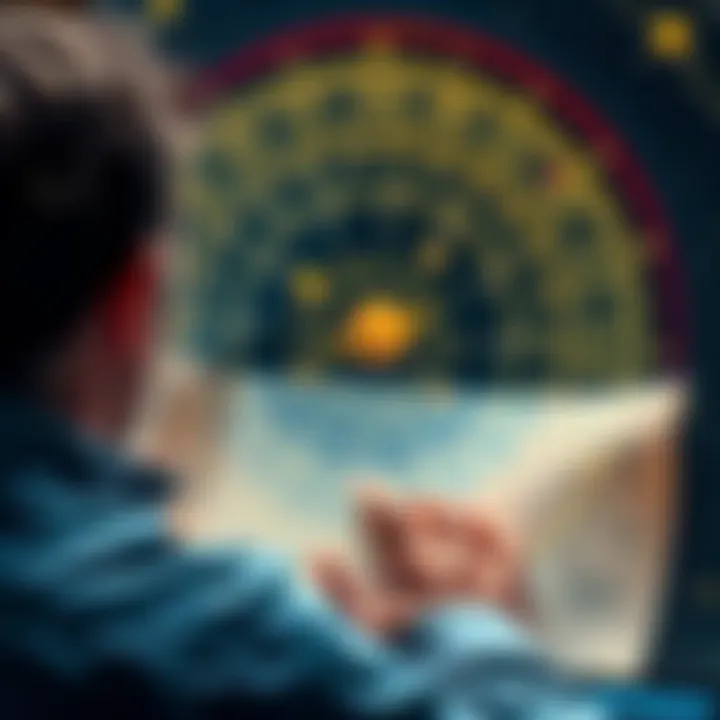 A person examining their birth chart with astrological symbols and planets visible, reflecting on their life direction and relationships.