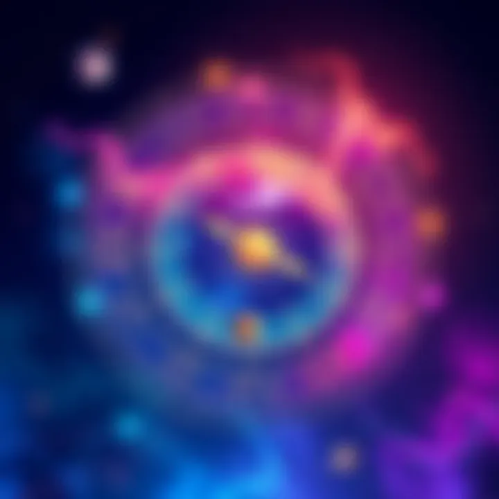 An illustration showing a colorful birth chart with zodiac signs and planets, representing astrology insights.