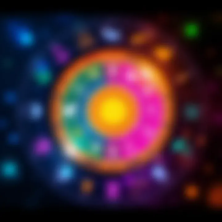 A colorful birth chart displaying various astrological symbols and signs, representing personal traits and relationships.