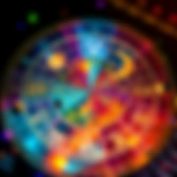 A colorful astrological birth chart with zodiac signs and planets highlighted, symbolizing personal growth and guidance