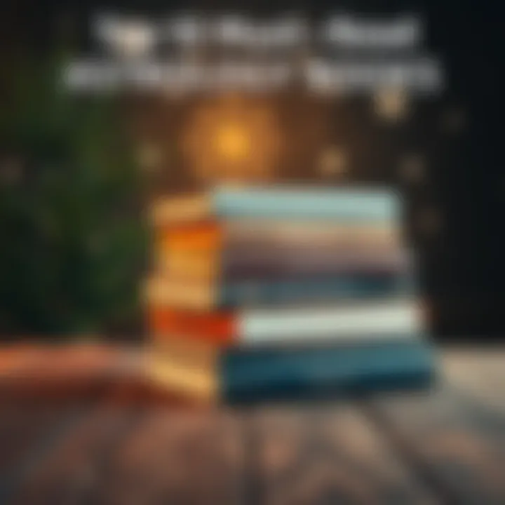 A stack of popular astrology books on a wooden table with a starry background