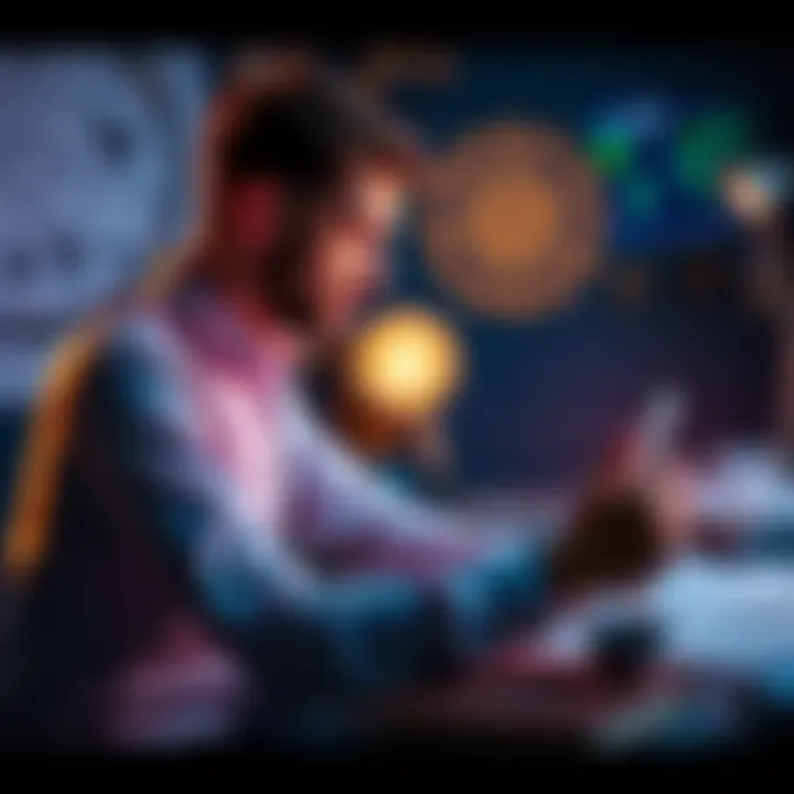A person analyzing their astrology chart with astrological symbols and a desk in the background.