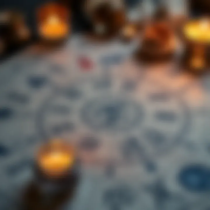 A close-up of a Vedic astrology chart, with symbols and planets highlighting career paths, surrounded by calming elements like candles and crystals.