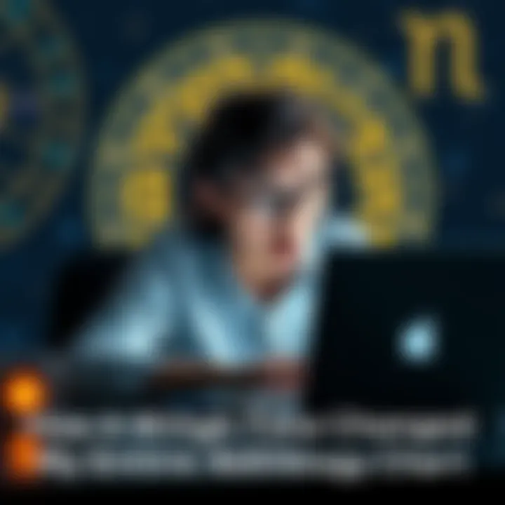 Astrology Chart Change A person looking surprised while reviewing their astrology chart on a laptop, with zodiac symbols in the background, representing the change from Libra rising to Scorpio rising.