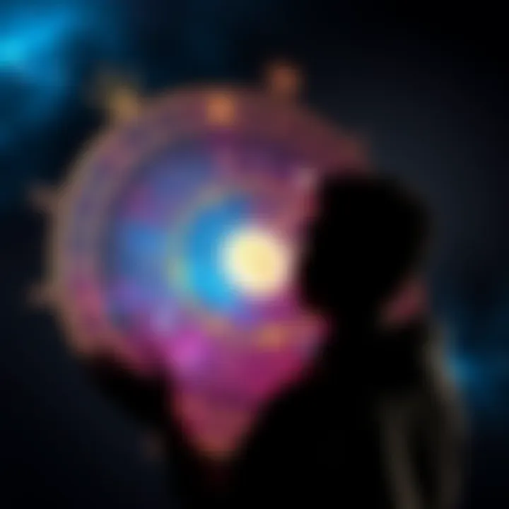 A person looking at an astrology chart with celestial symbols, contemplating their life choices between stability and excitement.