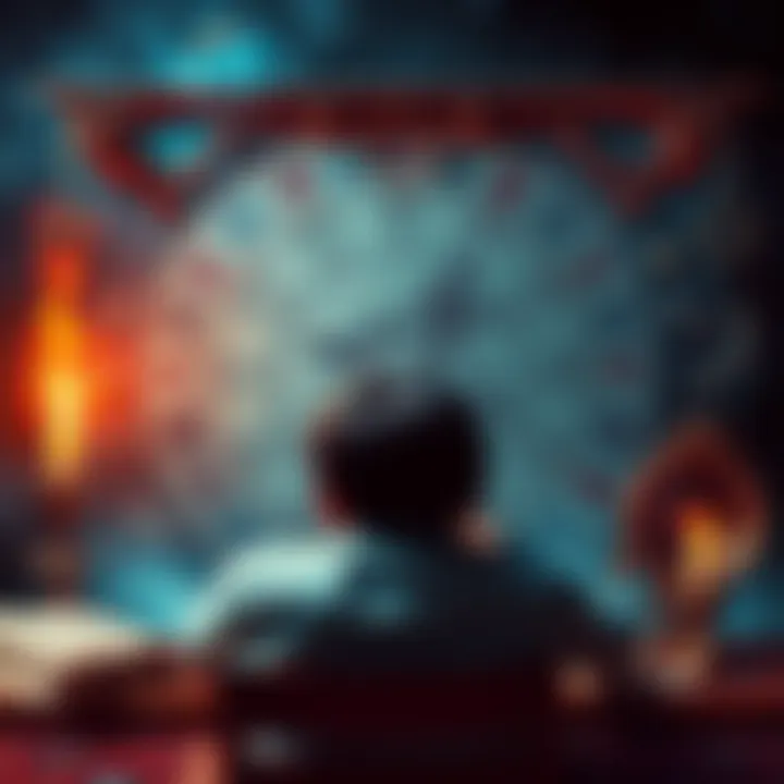 A person studying their astrological chart surrounded by zodiac signs and celestial symbols, seeking guidance.