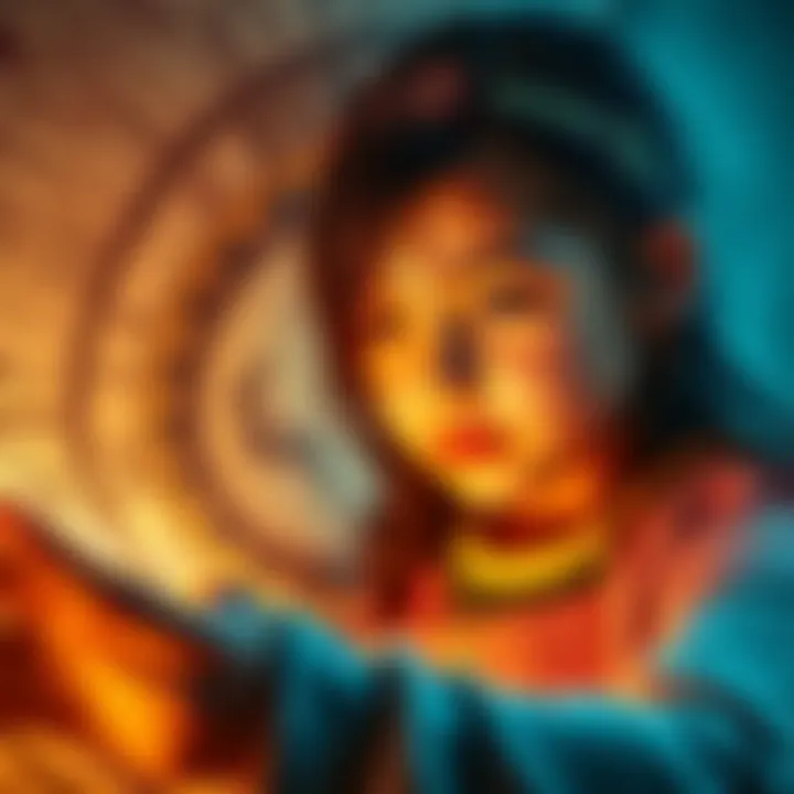 A young girl looks at an astrology chart filled with symbols for Pisces, Virgo, and Aquarius signs, seeking guidance to understand them better.