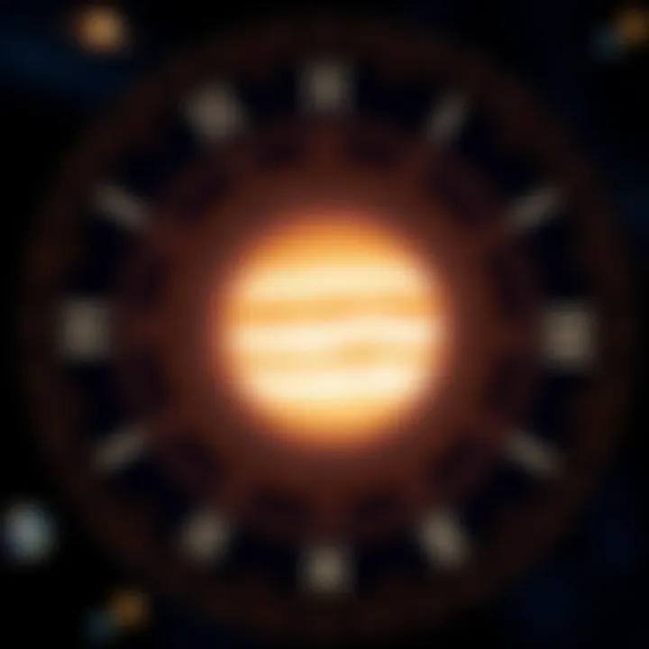 Astrology chart highlighting Jupiter's position in the 5th house, symbolizing creativity and joy, surrounded by stars and planets.