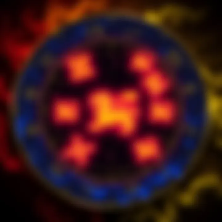 An astrology chart showing multiple Leo symbols, representing different placements in the chart, surrounded by zodiac signs