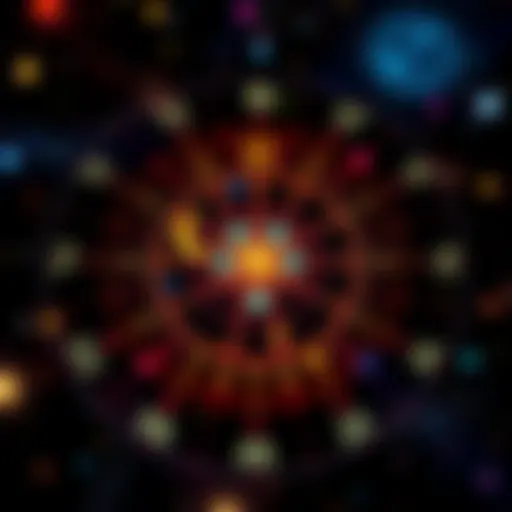 A colorful astrology chart with zodiac signs and stars, showing various astrological symbols, representing natal chart insights