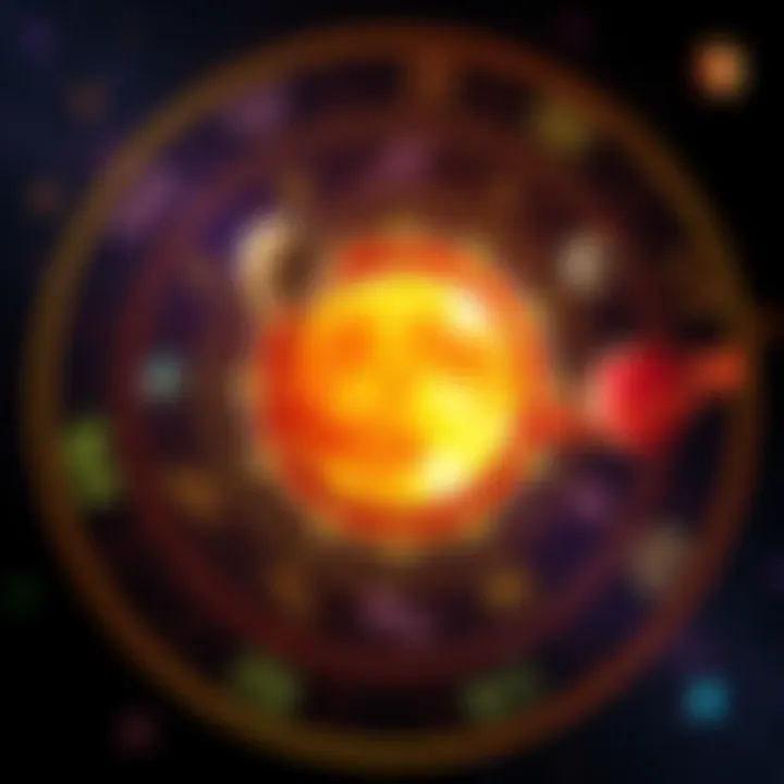 An astrology chart highlighting Taurus Sun, Pisces Moon, and Leo Rising signs with zodiac symbols and colorful planets