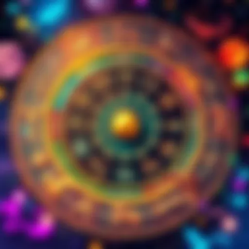 A colorful astrology chart featuring zodiac signs and symbols, emphasizing midheavens and emotional traits of different signs like Scorpio and Aquarius.