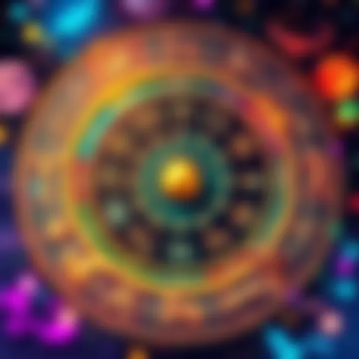 A colorful astrology chart featuring zodiac signs and symbols, emphasizing midheavens and emotional traits of different signs like Scorpio and Aquarius.