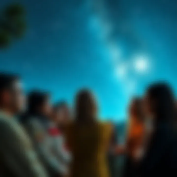 A diverse group of people discussing astrology under a starry sky, sharing insights and support amid challenges.