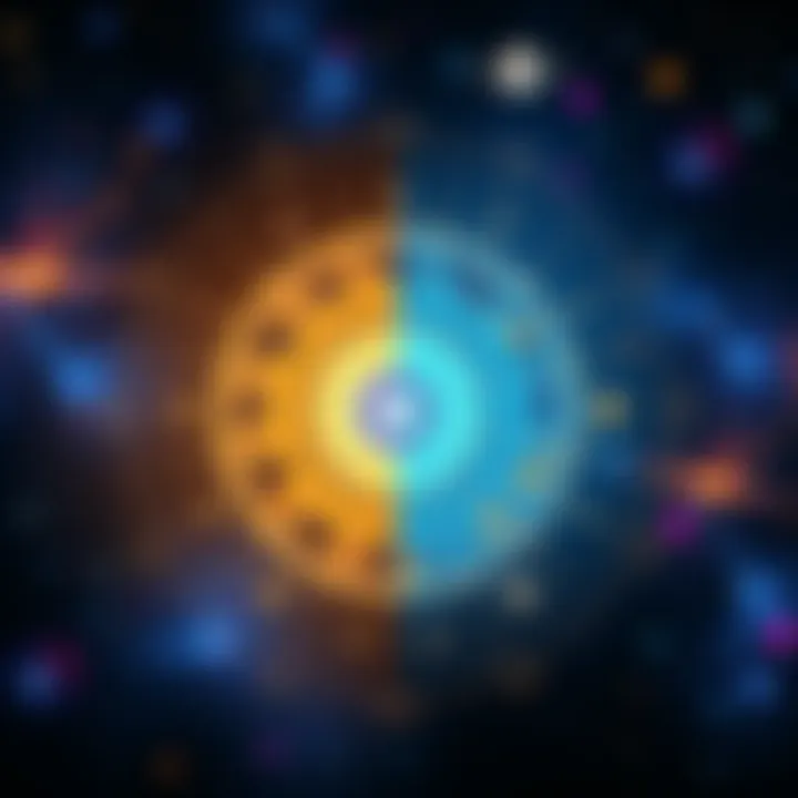 A split image showing traditional astrology symbols like zodiac signs and celestial bodies on one side, and modern astrology elements like digital charts and apps on the other side.