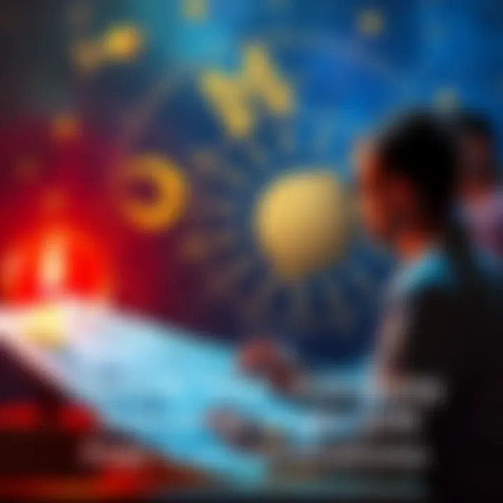 Two people discussing astrology charts with celestial symbols in the background.