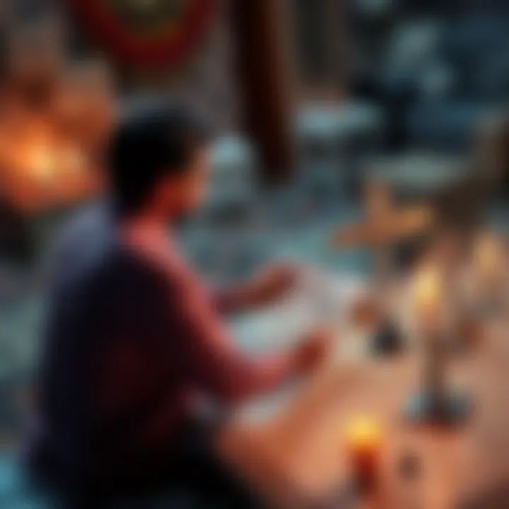 A person sitting with an astrologer, discussing a Kundali chart while candles and spiritual symbols are present on the table.