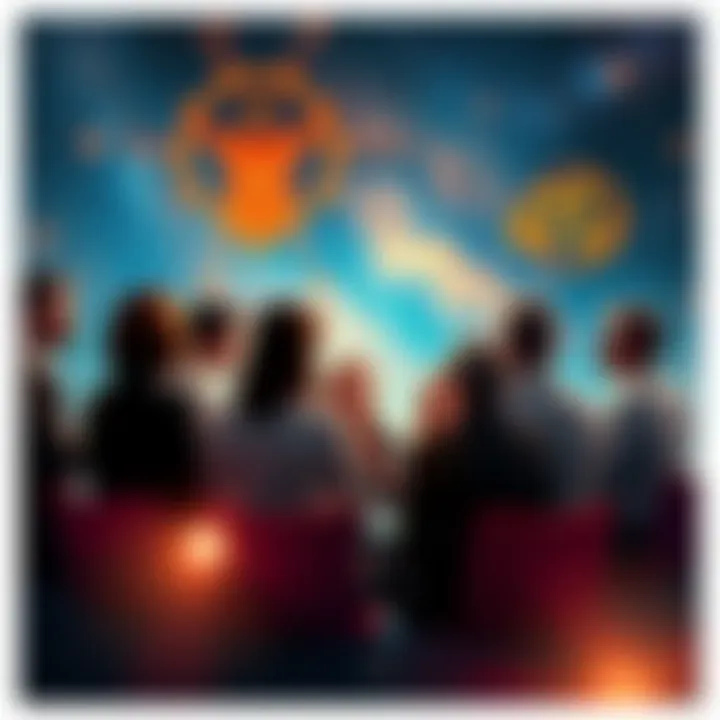 A group of people discussing astrology, with zodiac signs and celestial imagery in the background.