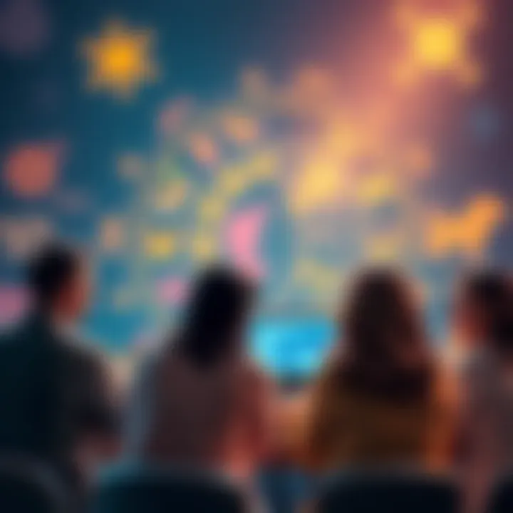 A group of people engaging in astrology discussions on a forum, with zodiac signs and astrological charts in the background.